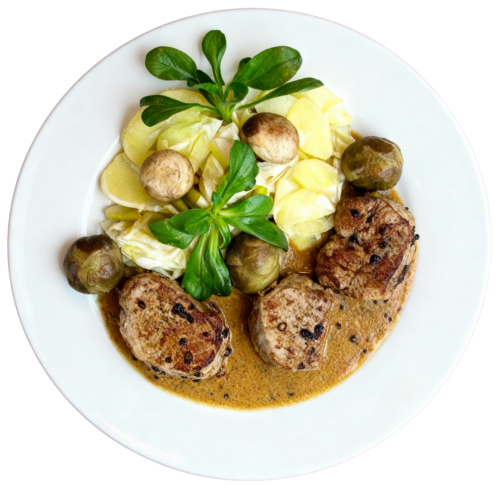 Filet Mignon de porc – Sauce aux poivres & pommes de terre rissolées